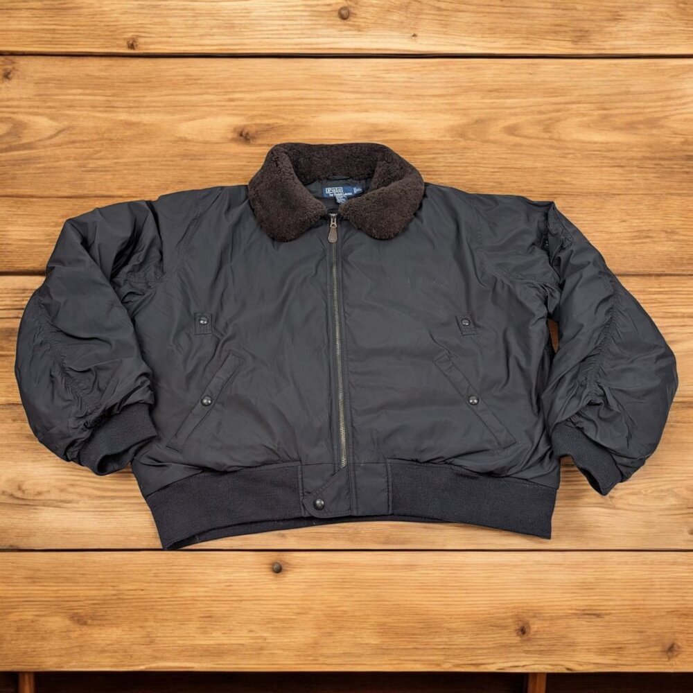 VTG Polo Ralph Lauren Down Flight Bomber Jacket Lamb Fur Collar‎ 2XL Rare *READ